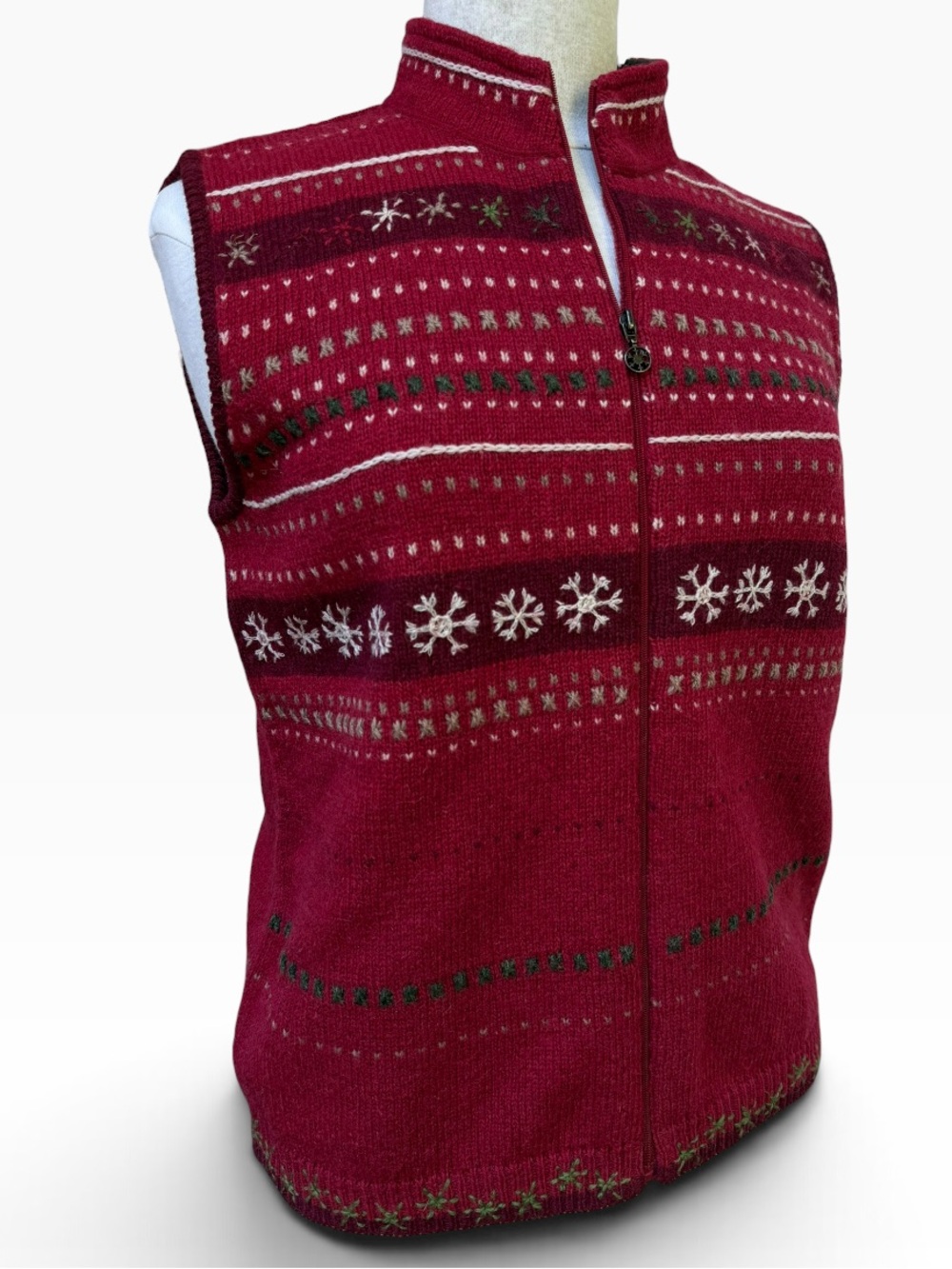 Vintage Woolrich Red Fair Isle Snowflake Full Zip Knit Vest Womens M